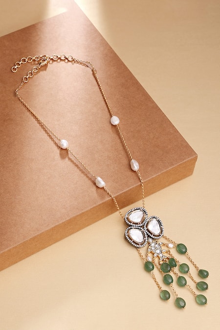 Shop Joules By Radhika Green Antique Polki Long Necklace at Aza Fashions Shop_Joules By Radhika_Green Antique Polki Long Necklace _at_Aza_Fashions
