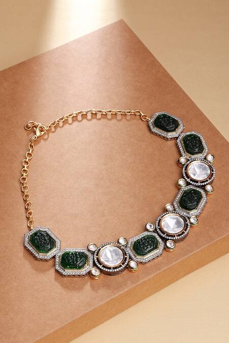 Shop Joules by Radhika Green Onyx Antique Polki Necklace at Aza Fashions Shop_Joules by Radhika_Green Onyx Antique Polki Necklace_at_Aza_Fashions