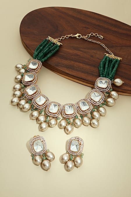 Shop Joules By Radhika Green Pearls Handcrafted Kundan Polki Necklace Set at Aza Fashions Shop_Joules By Radhika_Green Pearls Handcrafted Kundan Polki Necklace Set _at_Aza_Fashions