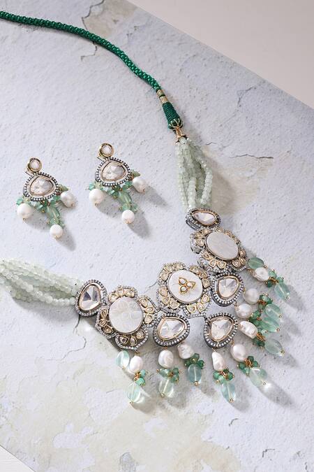 Shop Joules by Radhika Green Mother Of Pearls Antique Necklace Set at Aza Fashions Shop_Joules by Radhika_Green Mother Of Pearls Antique Necklace Set_at_Aza_Fashions
