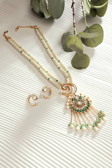 Shop Joules By Radhika White Pearls, Crystals Embellished Necklace Set at Aza Fashions Shop_Joules By Radhika_White Pearls, Crystals Embellished Necklace Set _at_Aza_Fashions