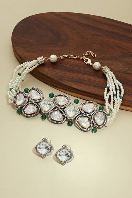 Shop Joules by Radhika Green Pearls, Diamonds Handcrafted Antique Polki Necklace Set at Aza Fashions Shop_Joules by Radhika_Green Pearls, Diamonds Handcrafted Antique Polki Necklace Set_at_Aza_Fashions