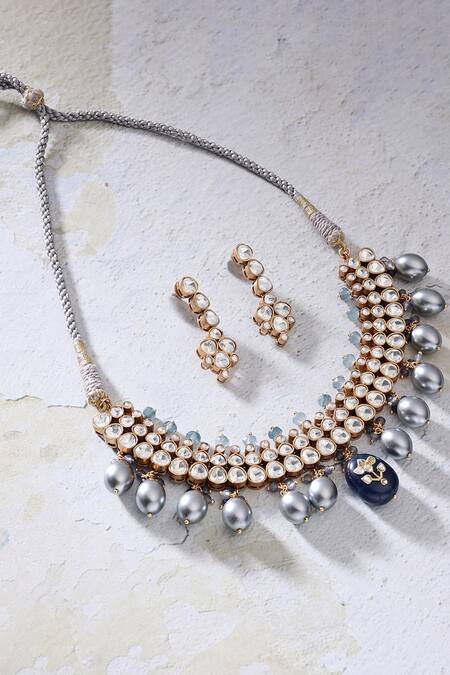 Shop Joules by Radhika Blue Kundan Antique Polki Necklace Set at Aza Fashions Shop_Joules by Radhika_Blue Kundan Antique Polki Necklace Set_at_Aza_Fashions