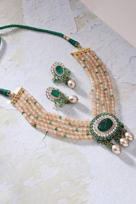 Shop Joules by Radhika Green Agate Bead Handcrafted Antique Necklace Set at Aza Fashions Shop_Joules by Radhika_Green Agate Bead Handcrafted Antique Necklace Set_at_Aza_Fashions