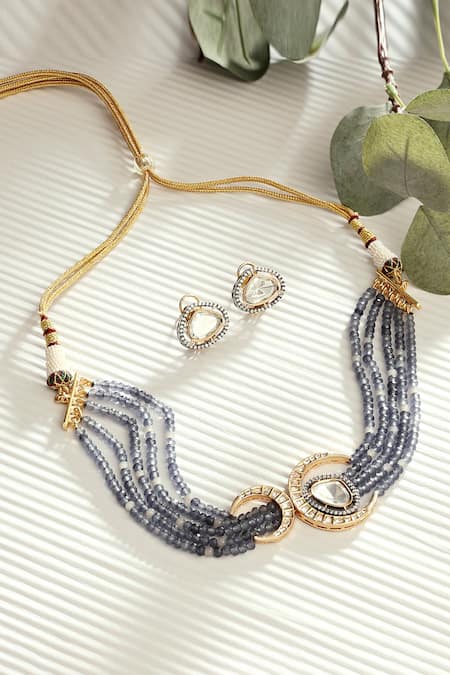 Shop_Joules By Radhika_Blue Beads, Diamonds Half Moon Shaped Choker Set _at_Aza_Fashions