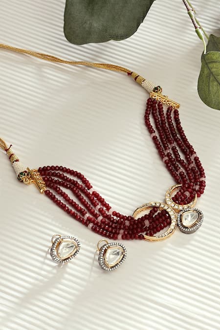Shop Joules By Radhika Red Imitation Diamonds Crescent Pendant Choker Set at Aza Fashions Shop_Joules By Radhika_Red Imitation Diamonds Crescent Pendant Choker Set _at_Aza_Fashions