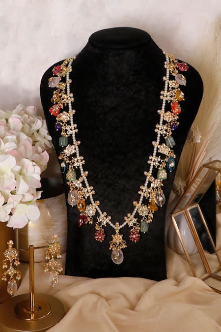 Shop_Ishhaara_Gold Plated Multi Beaded Long Necklace _at_Aza_Fashions