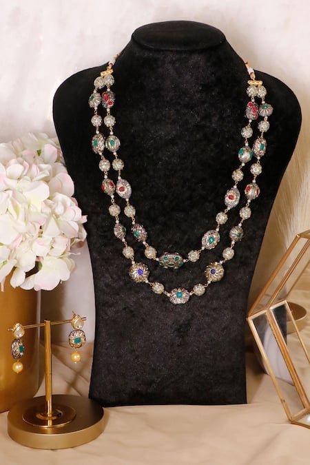 Shop_Ishhaara_Gold Plated Stones Double Layered Studded Necklace Set _at_Aza_Fashions