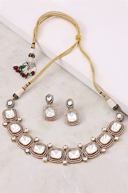 Shop Joules By Radhika Gold Plated Crystals, Diamonds Polki Embellished Necklace Set at Aza Fashions Shop_Joules By Radhika_Gold Plated Crystals, Diamonds Polki Embellished Necklace Set _at_Aza_Fashions