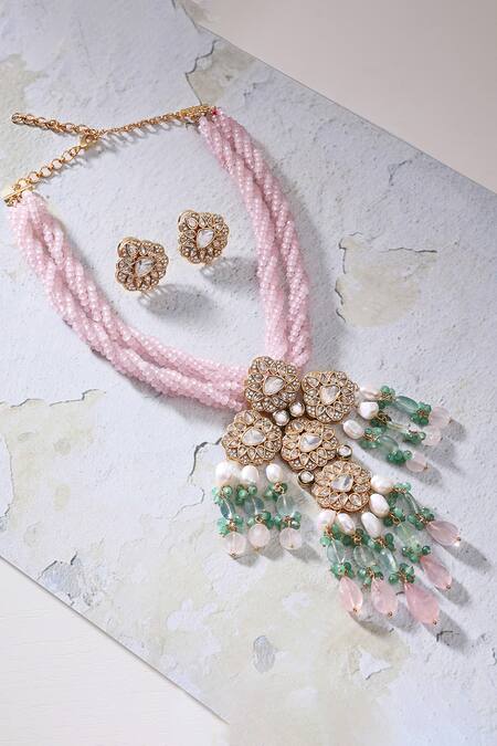 Shop Joules by Radhika Pink Kundan Polki Layered Twisted Necklace Set at Aza Fashions Shop_Joules by Radhika_Pink Kundan Polki Layered Twisted Necklace Set_at_Aza_Fashions