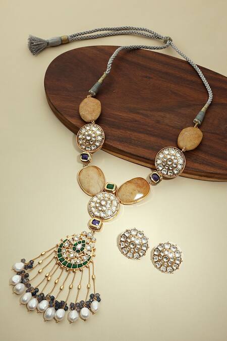 Shop Joules by Radhika Yellow Kundan Polki Agate Stone Necklace Set at Aza Fashions Shop_Joules by Radhika_Yellow Kundan Polki Agate Stone Necklace Set_at_Aza_Fashions