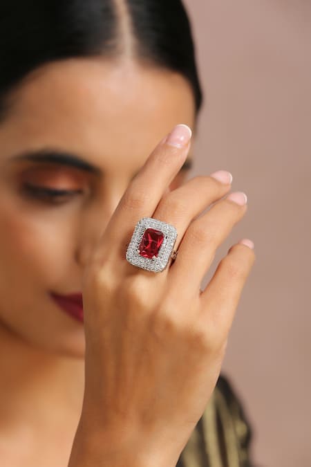 SWABHIMANN Red Ruby Embellished Ring 