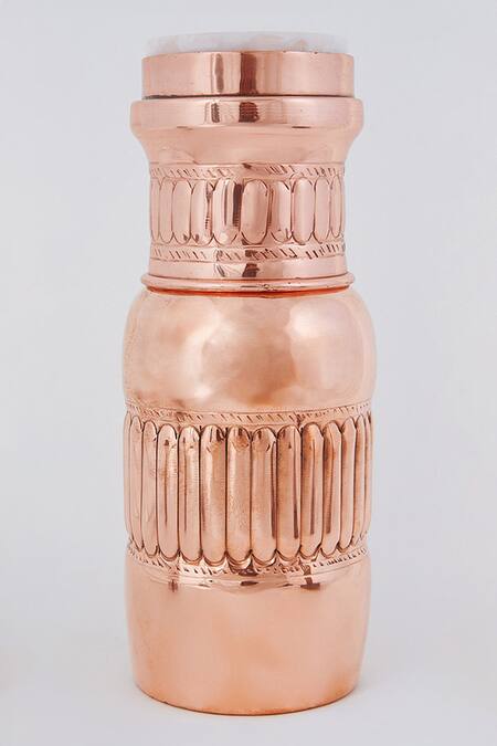 Assemblage_Brown Brass Agate Stone Capped Copper Bottle Set Of 2_Online_at_Aza_Fashions