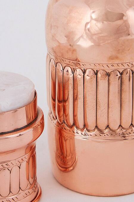 Buy_Assemblage_Brown Brass Agate Stone Capped Copper Bottle Set Of 2_Online_at_Aza_Fashions