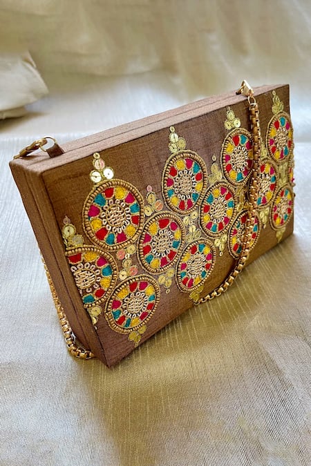 Shop Feza Bags Brown Embroidered Box Clutch at Aza Fashions Shop_Feza Bags_Brown Embroidered Box Clutch _at_Aza_Fashions