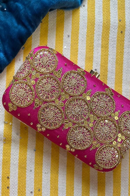 Feza Bags_Pink Embroidered Sequin Clutch_Online_at_Aza_Fashions