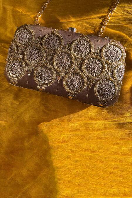 Shop Feza Bags Brown Embroidered Marodi Sequin Clutch at Aza Fashions Shop_Feza Bags_Brown Embroidered Marodi Sequin Clutch _at_Aza_Fashions