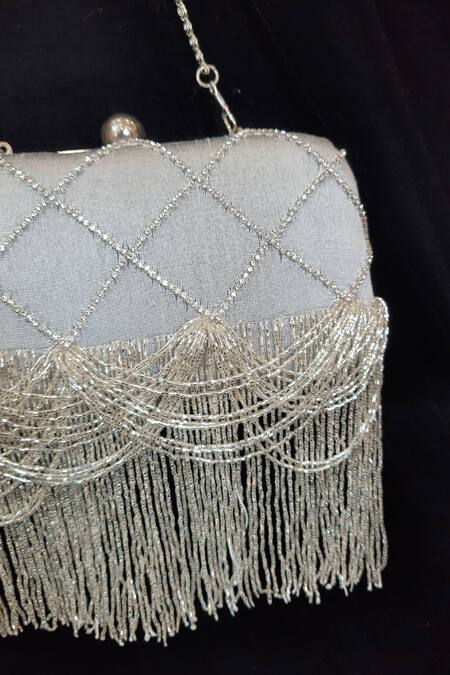 Shop Feza Bags Grey Embroidered Swarovski Embellished Clutch at Aza Fashions Shop_Feza Bags_Grey Embroidered Swarovski Embellished Clutch _at_Aza_Fashions