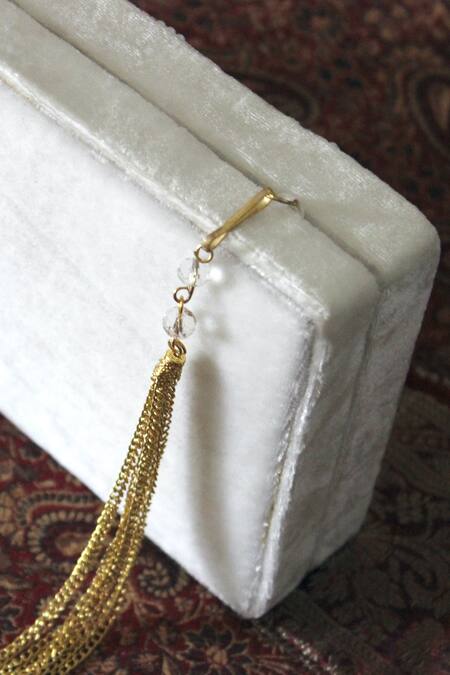 Shop_Feza Bags_White Embroidered Floral Cutdana Clutch _Online_at_Aza_Fashions