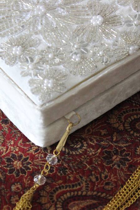 Feza Bags_White Embroidered Floral Cutdana Clutch _at_Aza_Fashions
