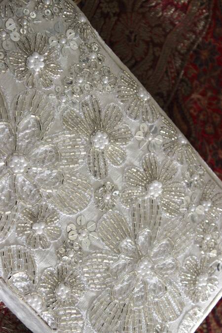 Shop_Feza Bags_White Embroidered Floral Cutdana Clutch 