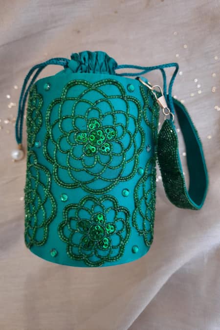 Feza Bags_Emerald Green Embroidered Floral Cutdana Cylindrical Potli _Online_at_Aza_Fashions