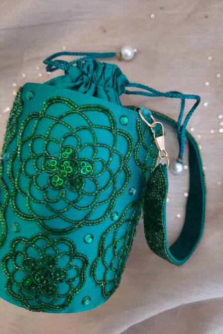Buy_Feza Bags_Emerald Green Embroidered Floral Cutdana Cylindrical Potli _Online_at_Aza_Fashions