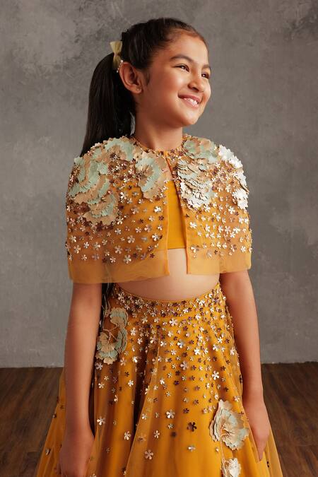 Not So Serious By Pallavi Mohan_Yellow Tulle Embroidered Bead Seraphine Embellished Cape And Skirt Set _Online_at_Aza_Fashions