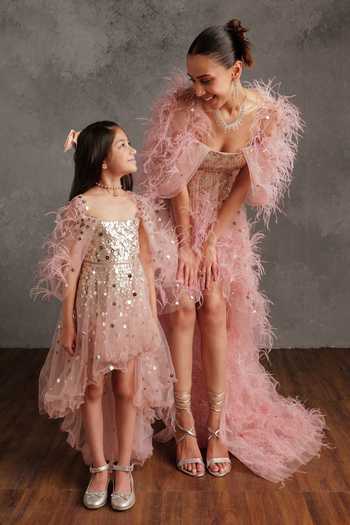 Not So Serious By Pallavi Mohan_Pink Crepe Embroidered Bead Regine Laser Cut Fringe Dress _Online_at_Aza_Fashions