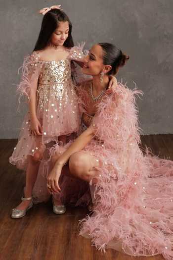 Buy_Not So Serious By Pallavi Mohan_Pink Crepe Embroidered Bead Regine Laser Cut Fringe Dress _Online_at_Aza_Fashions
