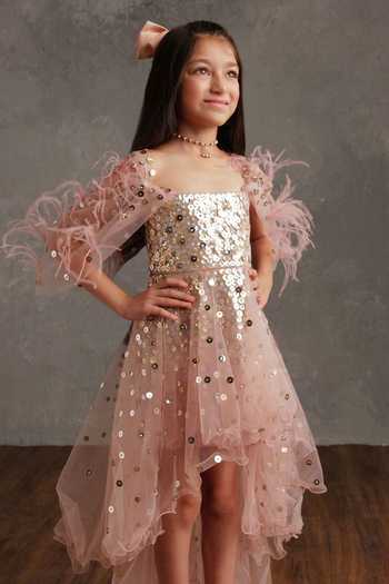 Shop_Not So Serious By Pallavi Mohan_Pink Crepe Embroidered Bead Regine Laser Cut Fringe Dress _Online_at_Aza_Fashions