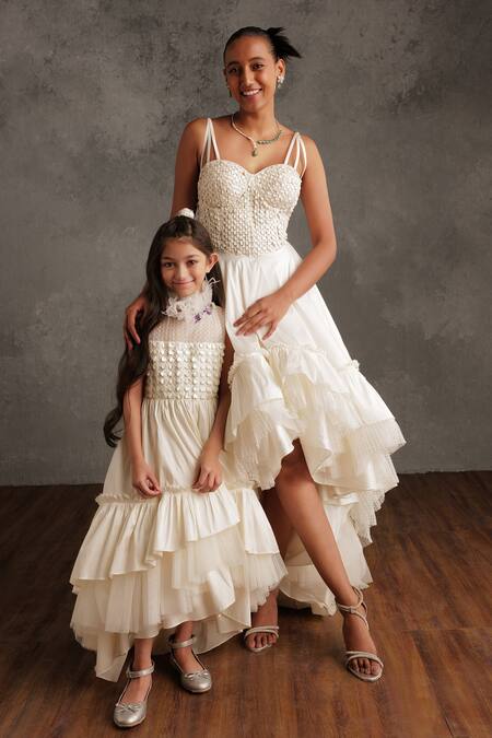 Not So Serious By Pallavi Mohan_Ivory Tafta Embroidered Bead Gisele High Low Frill Dress _Online_at_Aza_Fashions