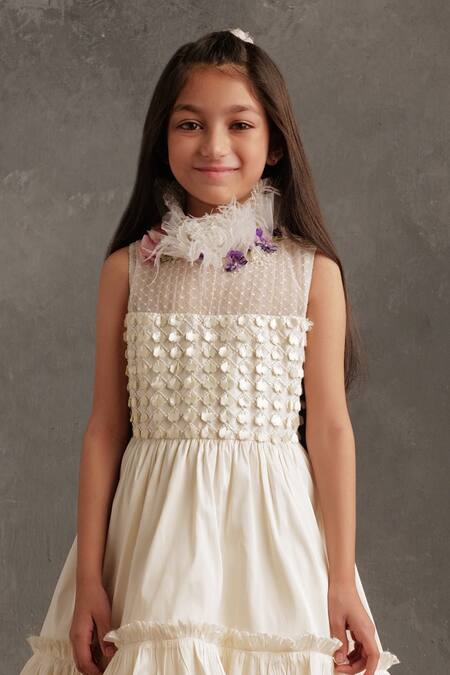 Buy_Not So Serious By Pallavi Mohan_Ivory Tafta Embroidered Bead Gisele High Low Frill Dress _Online_at_Aza_Fashions