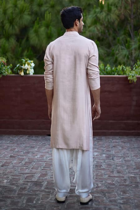 Shop_Ankit V Kapoor_Peach Silk, Cotton Mirrors Sajid Embroidered Kurta Set _at_Aza_Fashions