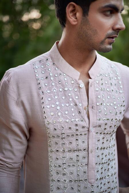 Buy_Ankit V Kapoor_Peach Silk, Cotton Mirrors Sajid Embroidered Kurta Set _Online_at_Aza_Fashions