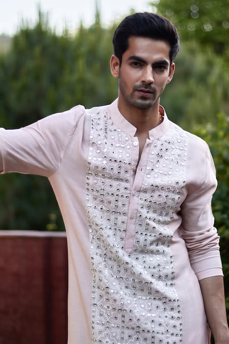 Shop_Ankit V Kapoor_Peach Silk, Cotton Mirrors Sajid Embroidered Kurta Set _Online_at_Aza_Fashions