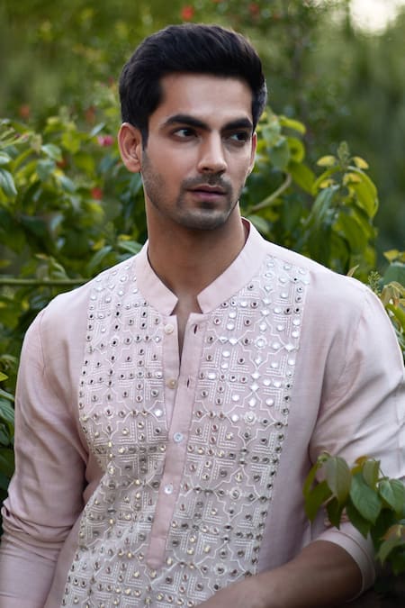 Ankit V Kapoor_Peach Silk, Cotton Mirrors Sajid Embroidered Kurta Set _at_Aza_Fashions