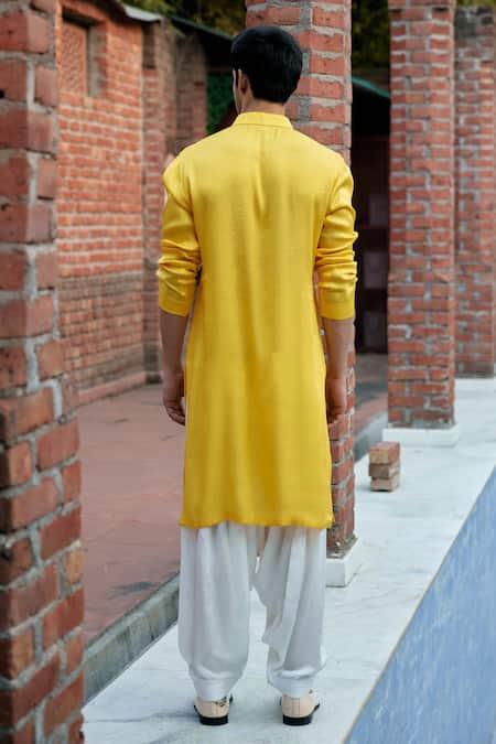 Shop_Ankit V Kapoor_Yellow Linen, Cotton, Silk Mirrors, Shehzad Placket Kurta Set With Stole _at_Aza_Fashions