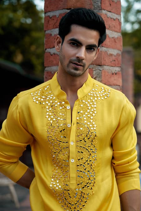 Buy_Ankit V Kapoor_Yellow Linen, Cotton, Silk Mirrors, Shehzad Placket Kurta Set With Stole _Online_at_Aza_Fashions