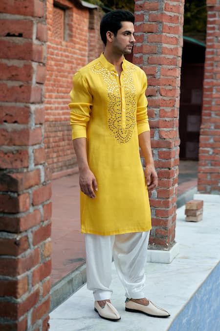 Shop_Ankit V Kapoor_Yellow Linen, Cotton, Silk Mirrors, Shehzad Placket Kurta Set With Stole _Online_at_Aza_Fashions