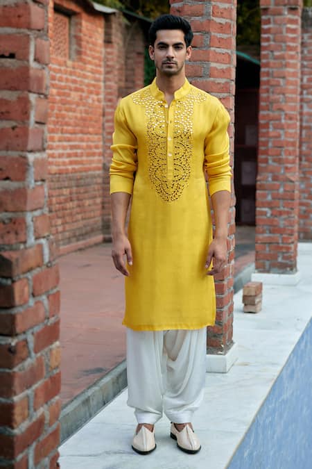 Ankit V Kapoor_Yellow Linen, Cotton, Silk Mirrors, Shehzad Placket Kurta Set With Stole _at_Aza_Fashions