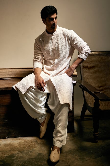 Shop_Ankit V Kapoor_Pink Georgette, Cotton Embroidery Umair Thread Kurta Set _Online_at_Aza_Fashions