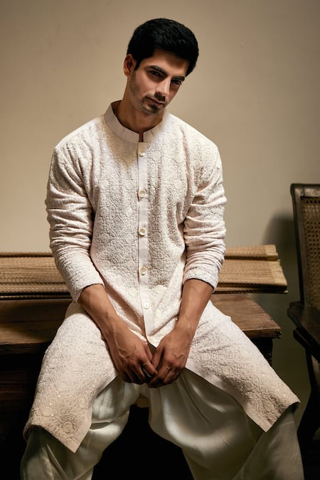 Ankit V Kapoor_Pink Georgette, Cotton Embroidery Umair Thread Kurta Set _at_Aza_Fashions