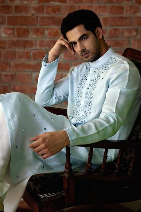 Ankit V Kapoor Blue Pashmina, Silk Satin, Cotton Mirrors Mansoor Work Kurta Set at Aza Fashions Ankit V Kapoor_Blue Pashmina, Silk Satin, Cotton Mirrors Mansoor Work Kurta Set _at_Aza_Fashions