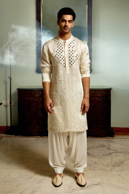 Ankit V Kapoor Ivory Linen, Cotton, Silk Mirrors Daniyal Hand Embroidered Kurta Set Online at Aza Fashions Ankit V Kapoor_Ivory Linen, Cotton, Silk Mirrors Daniyal Hand Embroidered Kurta Set _Online_at_Aza_Fashions