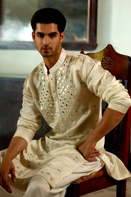 Shop Ankit V Kapoor Ivory Linen, Cotton, Silk Mirrors Daniyal Hand Embroidered Kurta Set Online at Aza Fashions Shop_Ankit V Kapoor_Ivory Linen, Cotton, Silk Mirrors Daniyal Hand Embroidered Kurta Set _Online_at_Aza_Fashions
