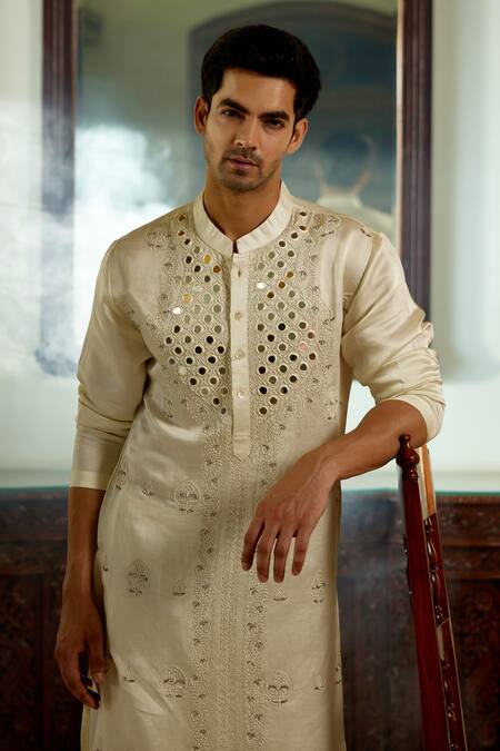 Ankit V Kapoor Ivory Linen, Cotton, Silk Mirrors Daniyal Hand Embroidered Kurta Set at Aza Fashions Ankit V Kapoor_Ivory Linen, Cotton, Silk Mirrors Daniyal Hand Embroidered Kurta Set _at_Aza_Fashions