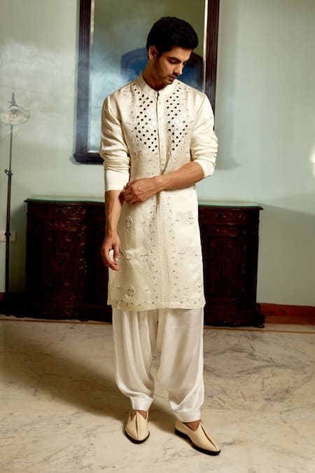 Shop Ankit V Kapoor Ivory Linen, Cotton, Silk Mirrors Daniyal Hand Embroidered Kurta Set at Aza Fashions Shop_Ankit V Kapoor_Ivory Linen, Cotton, Silk Mirrors Daniyal Hand Embroidered Kurta Set _at_Aza_Fashions