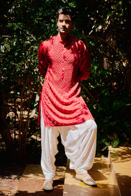 Ankit V Kapoor Red Linen, Cotton, Silk Mirrors, Embroidery Zaid Kurta And Salwar Set Online at Aza Fashions Ankit V Kapoor_Red Linen, Cotton, Silk Mirrors, Embroidery Zaid Kurta And Salwar Set _Online_at_Aza_Fashions