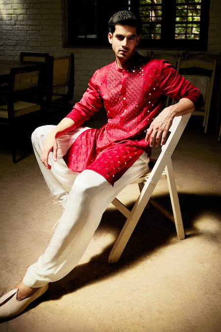 Buy Ankit V Kapoor Red Linen, Cotton, Silk Mirrors, Embroidery Zaid Kurta And Salwar Set Online at Aza Fashions Buy_Ankit V Kapoor_Red Linen, Cotton, Silk Mirrors, Embroidery Zaid Kurta And Salwar Set _Online_at_Aza_Fashions